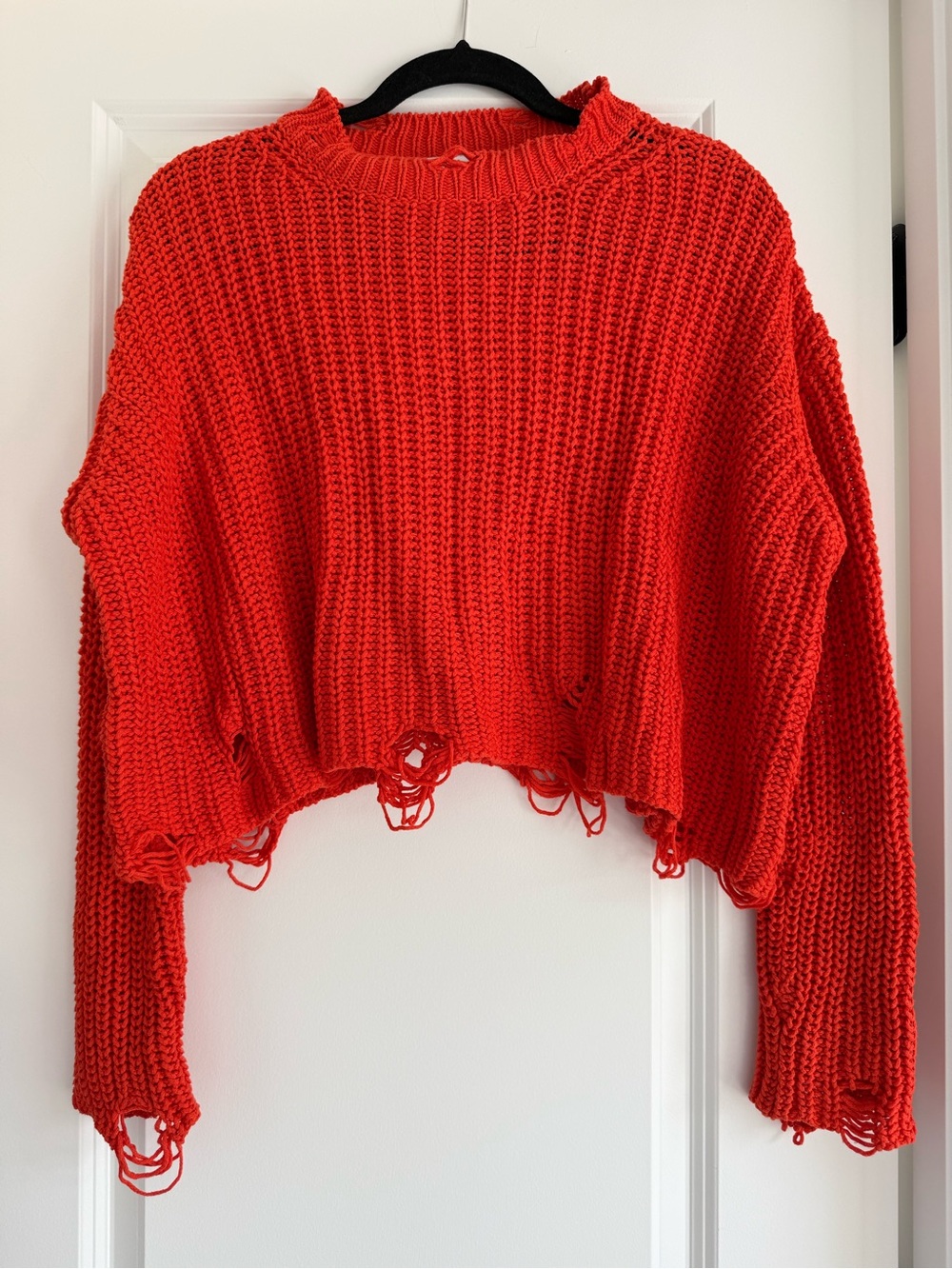 Zara Red Distressed Cropped Crew Sweater